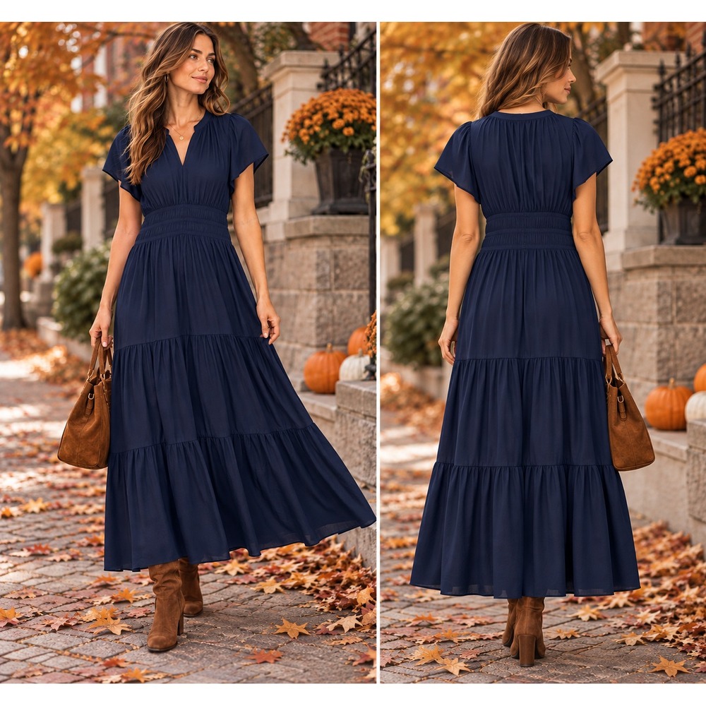 Navy Maxi Dress SP Petite Smocked Tiered Boho Romantic Whimsigoth Cottagecore